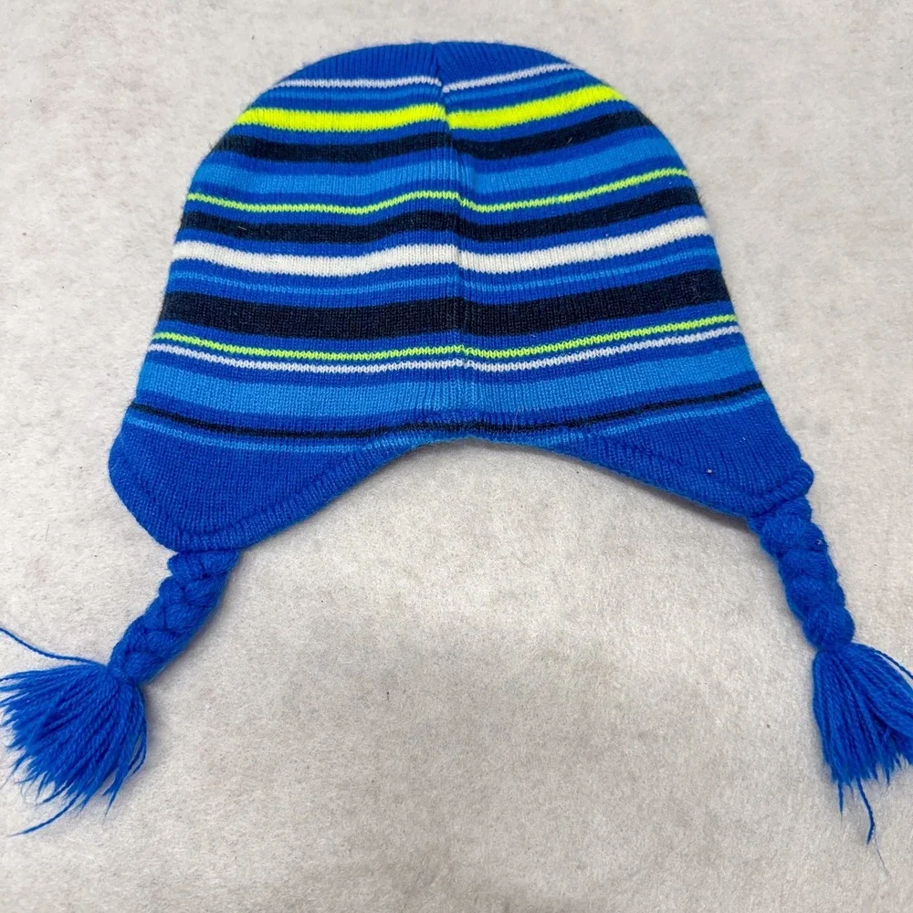 Nike Infant Knit Beanie Blue Stripe‎ Winter Hat Ear Flap Braided Tassel Cap
